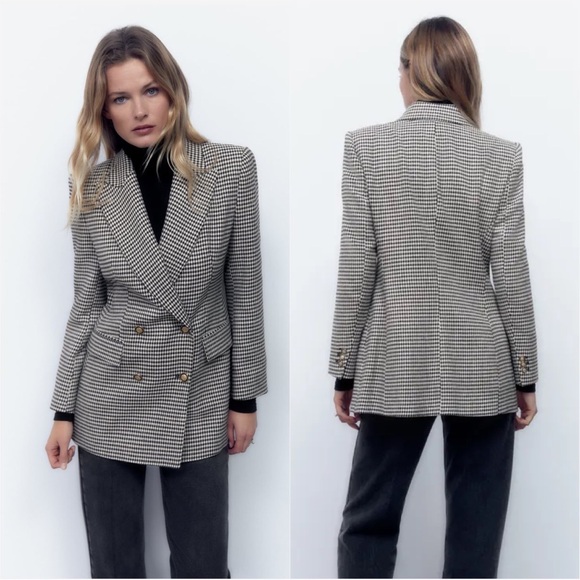 NWT ZARA • double breasted houndstooth blazer black white blogger favorite sz S - Picture 1 of 10